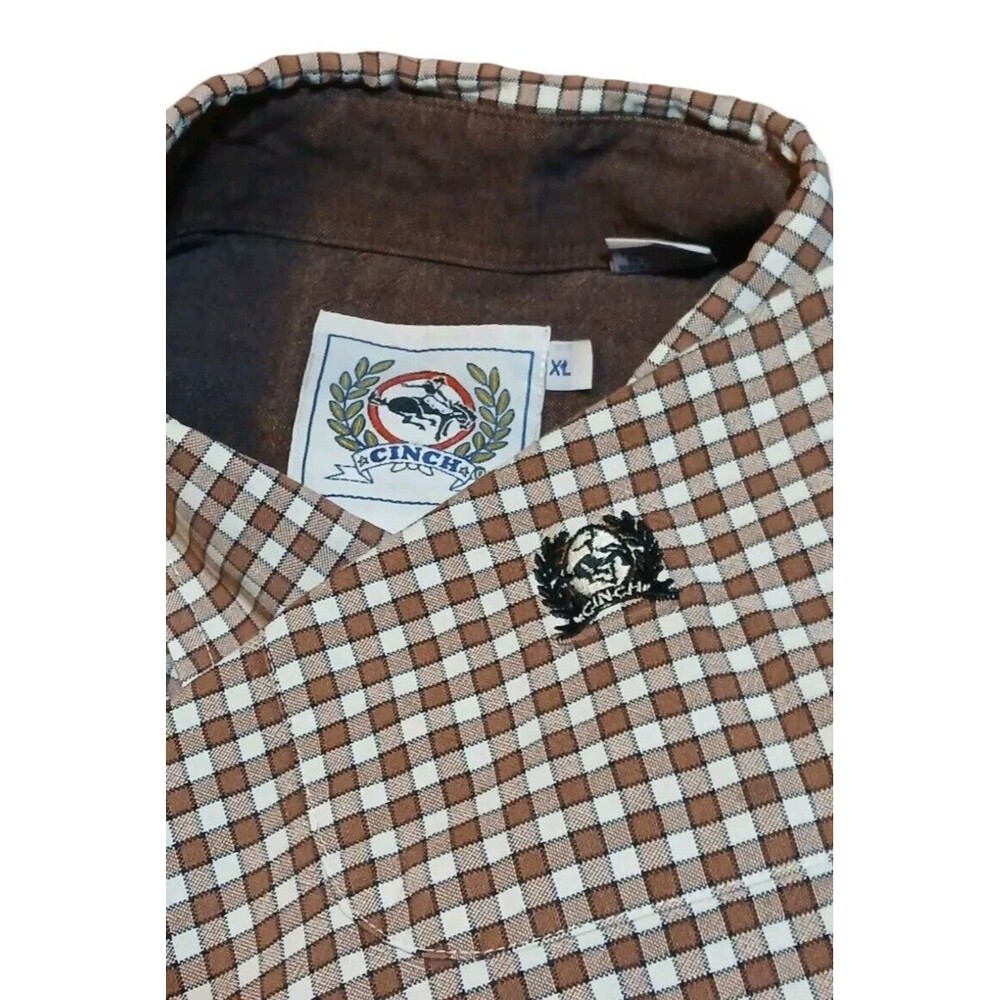 Cinch Men's XL Brown Gingham Button-Down Shirt Logo Collar Cotton Western Casual